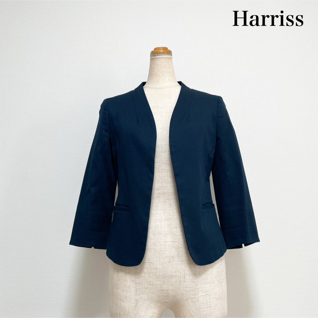 Harriss(ハリス)のHarriss カラーレスジャケット ネイビー 日本製 お仕事 セレモニー レディースのジャケット/アウター(ノーカラージャケット)の商品写真