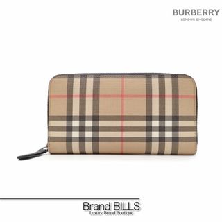 バーバリー(BURBERRY)の美品 バーバリー 長財布 ヴィンテージ チェック ベージュ ブラック 8016612 ラウンドファスナー ノバチェック バーバリーチェック 男女兼用(財布)