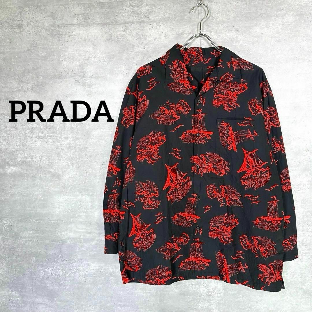 カラーブラック『PRADA』 プラダ (XL) 総柄 オープンカラーシャツ