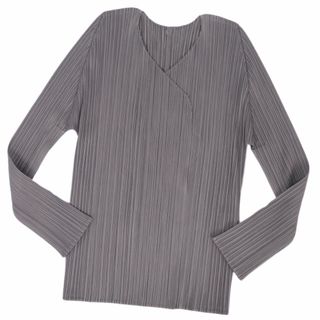 プリーツプリーズイッセイミヤケ(PLEATS PLEASE ISSEY MIYAKE)の美品 プリーツプリーズ イッセイミヤケ PLEATS PLEASE カーディガン ボタンレス ロングスリーブ 長袖 プリーツ トップス レディース 3(L相当) グレー(カーディガン)