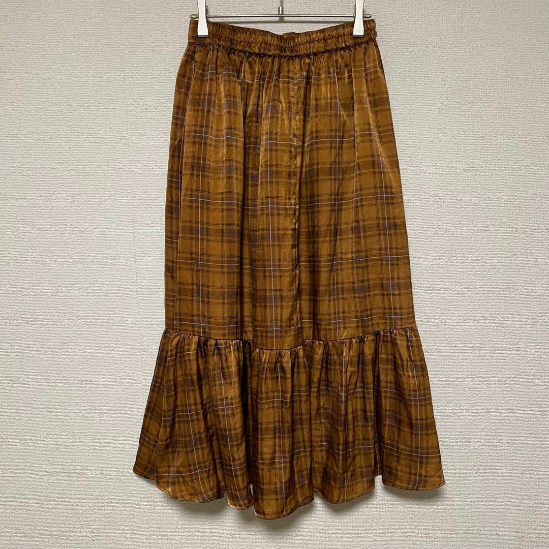 chocol raffine robe(ショコラフィネローブ)のw80 ショコラフィネローブ フレアロングスカート 光沢ブラウン チェック柄 レディースのスカート(ロングスカート)の商品写真