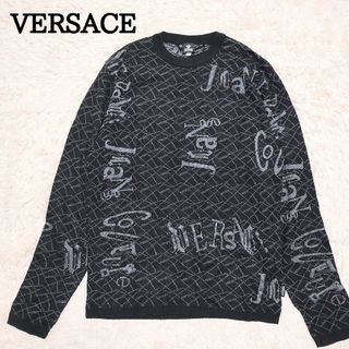 ヴェルサーチ(VERSACE)の高級　VERSACE　薄手ニットセーター　総柄　黒　XL　イタリア製(ニット/セーター)