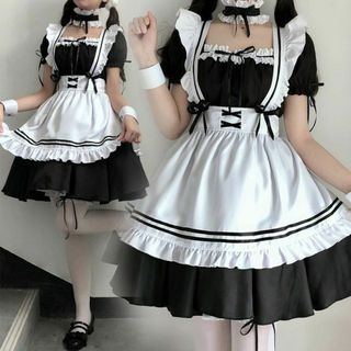 メイド服 ロリータ コスプレ セット コスチューム ハロウィン L(衣装一式)