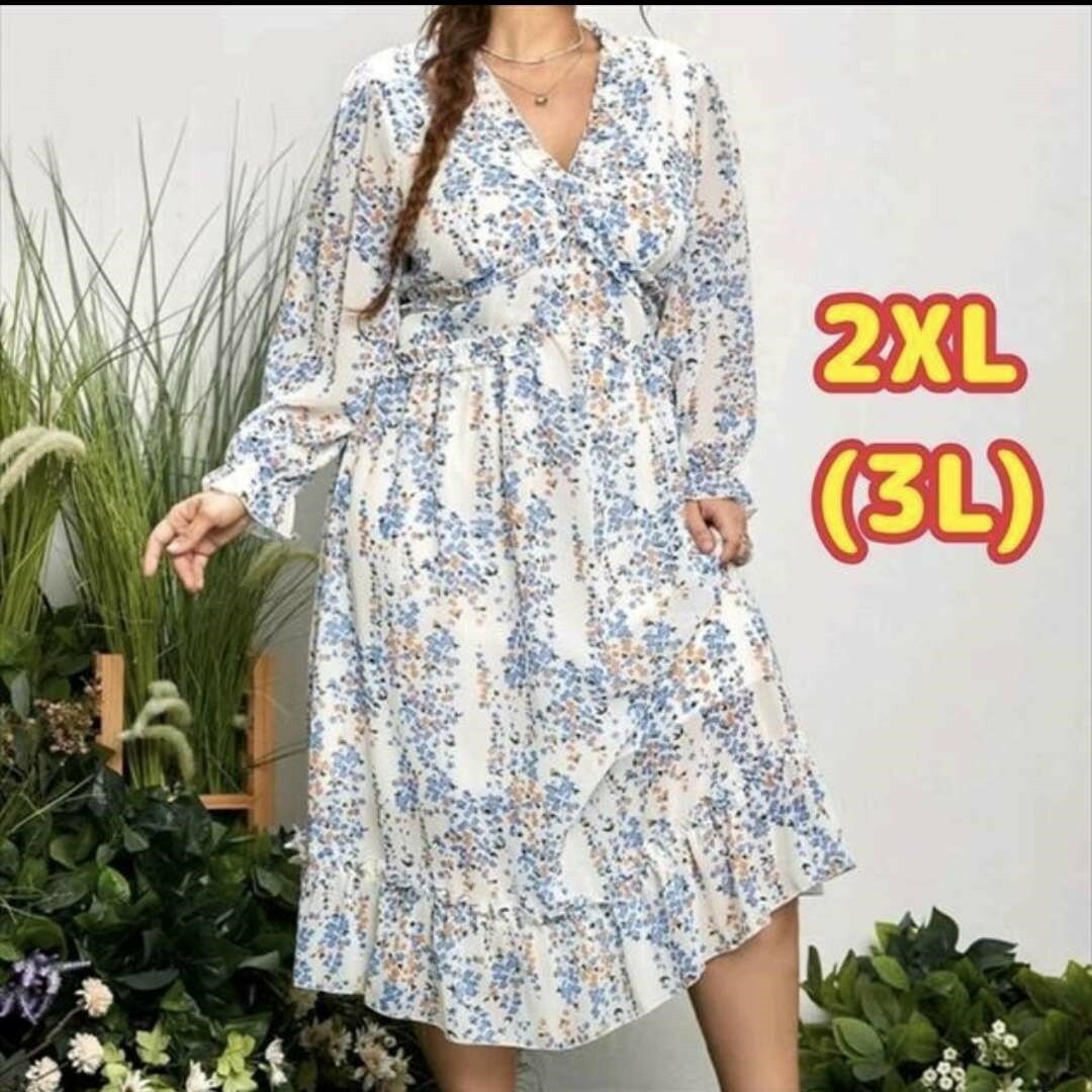 SHEIN(シーイン)の新品試着のみ★SHEIN VCAY 花柄プリント ロンスリーブワンピース 2XL レディースのワンピース(ロングワンピース/マキシワンピース)の商品写真