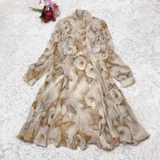 【アニオナ】花柄フレアワンピース シルク 長袖 上品 42(L)ベージュ