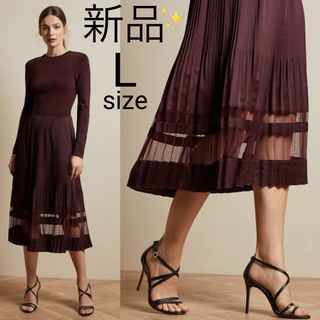 テッドベイカー(TED BAKER)の新品 TED BAKER シースループリーツ ワンピースドレス バーガンディー(ロングワンピース/マキシワンピース)