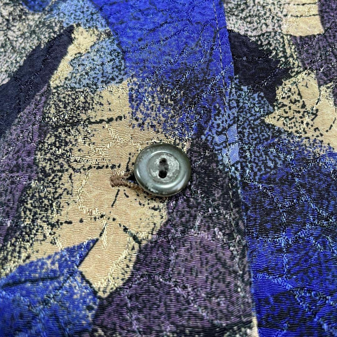 Santa Monica(サンタモニカ)の90s 紺系 総柄 和柄 花柄 ちりめん風 シャツジャケット 一点物 レトロ レディースのトップス(シャツ/ブラウス(長袖/七分))の商品写真