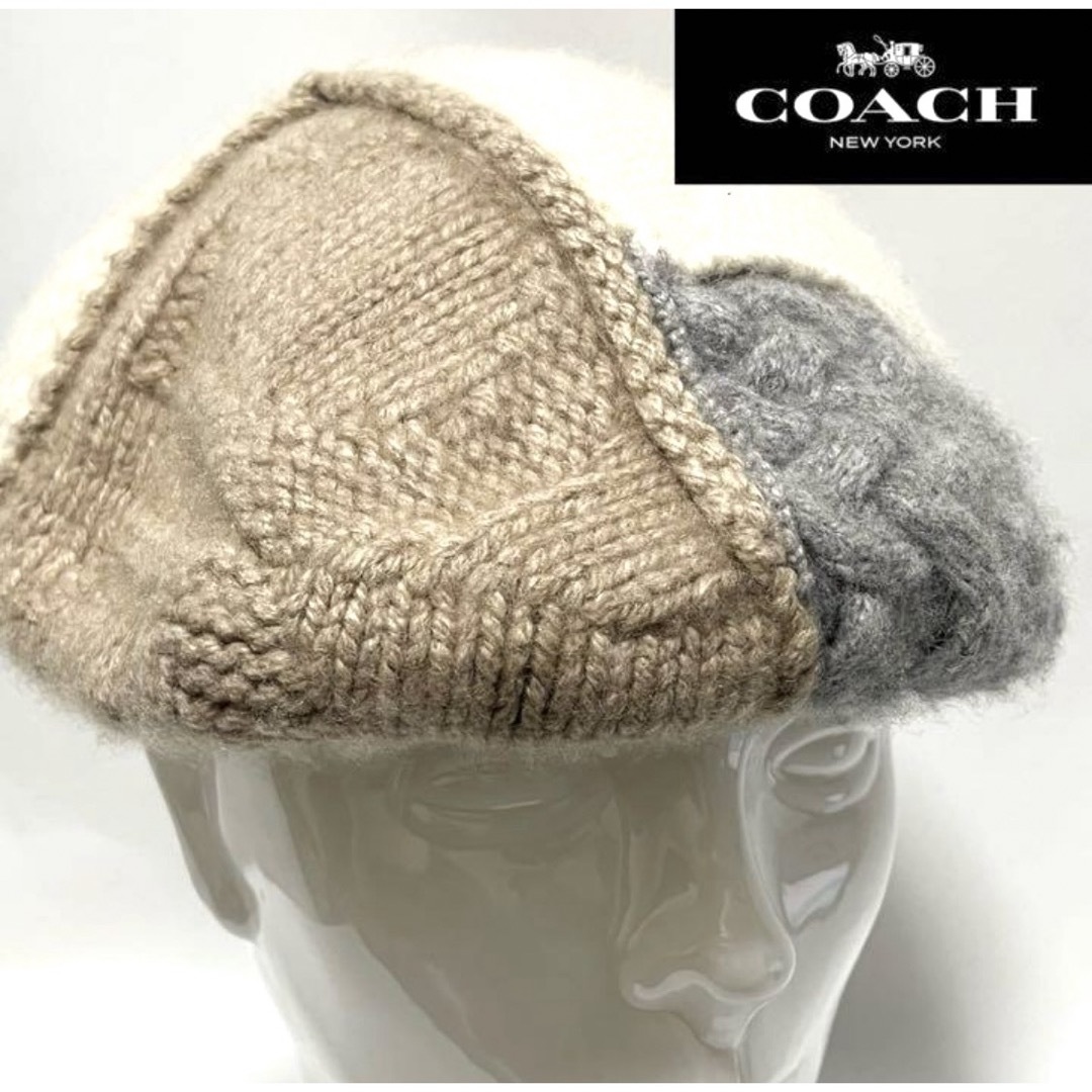 COACH(コーチ)の【超美品】COACHコーチモノグラム模様編み 高級カシミアハンチングベレー メンズの帽子(ニット帽/ビーニー)の商品写真