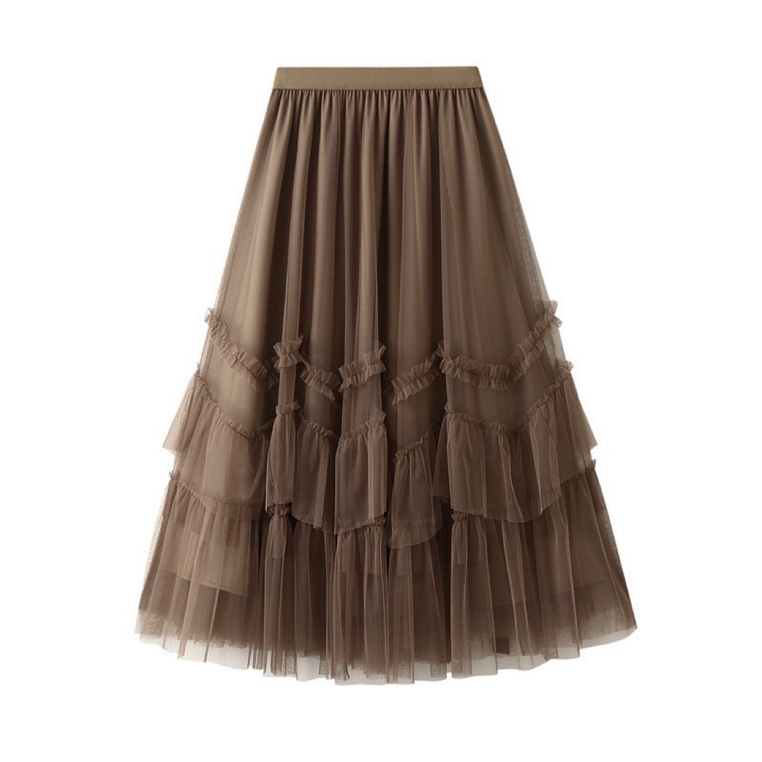 チュールスカート　リボン　フラワーデザイン　ブラウン　フレンチガーリー レディースのスカート(ロングスカート)の商品写真