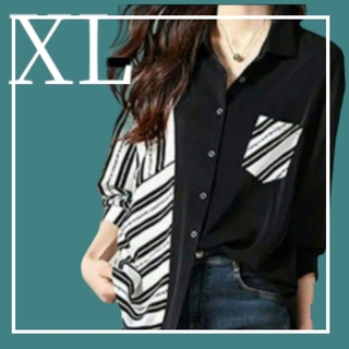 韓国　レディース　シャツ　ブラウス　XL 　黒　白　トップス　長袖　ブラック(シャツ/ブラウス(長袖/七分))