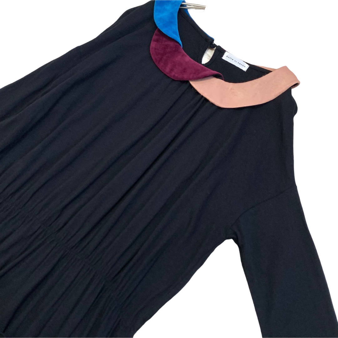 bulle de savon(ビュルデサボン)のビュルデサボン コットンウール カラフル 襟がかわいい ワンピース 黒 フリー レディースのワンピース(ひざ丈ワンピース)の商品写真