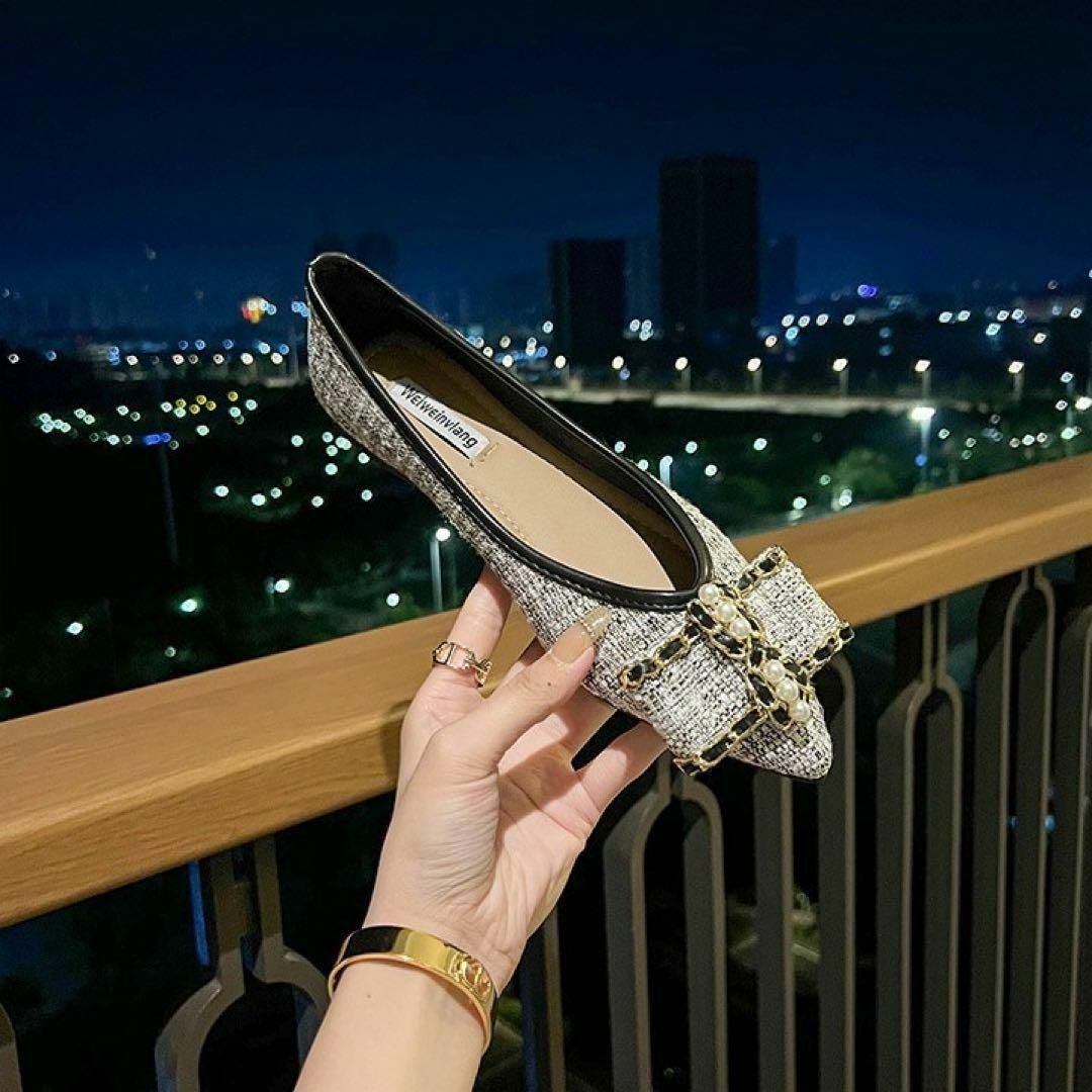 ★24㎝★ パールリボン ローヒールパンプス 韓国 ブラック【573】U125 レディースの靴/シューズ(ハイヒール/パンプス)の商品写真