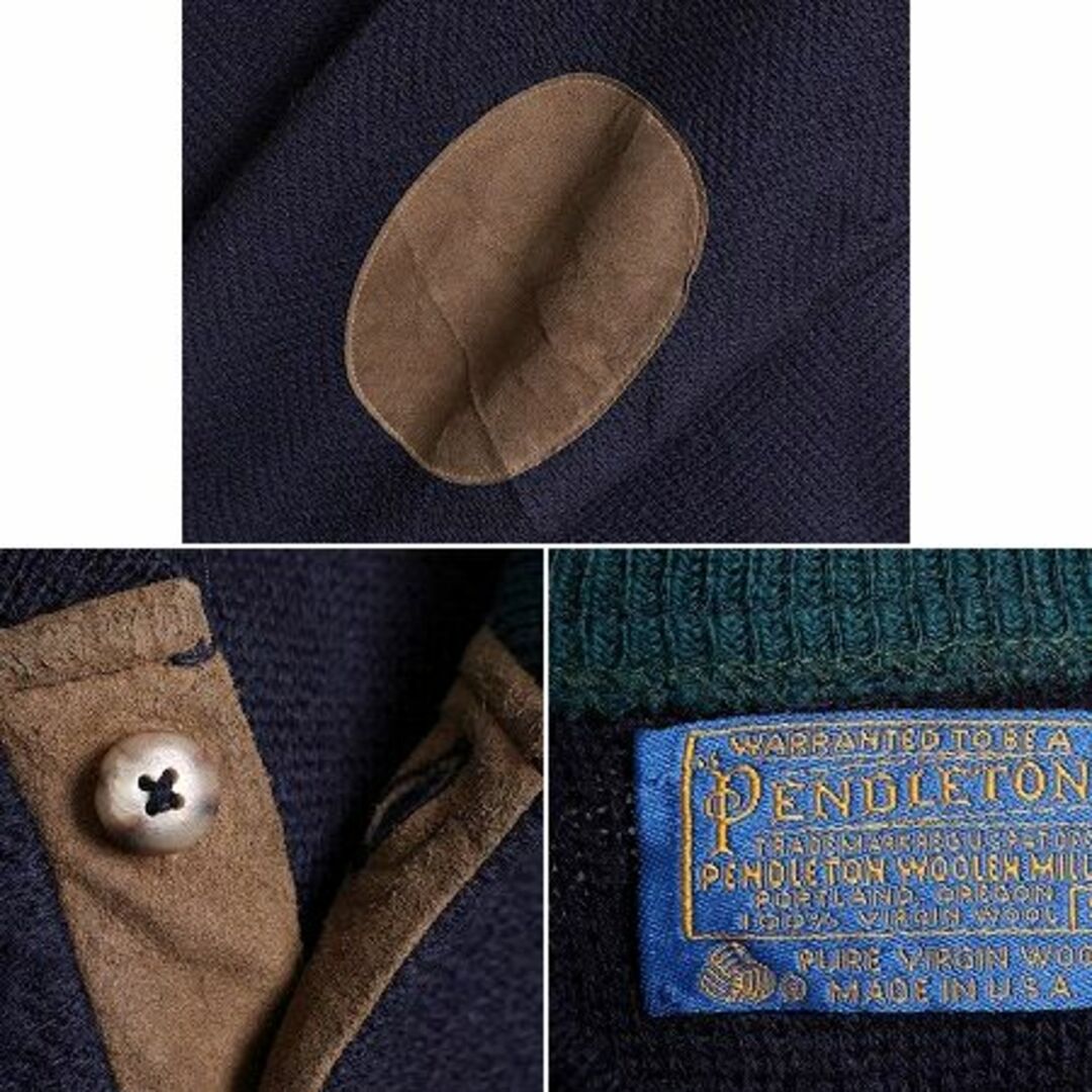 PENDLETON(ペンドルトン)の70s USA製 ペンドルトン ヘンリーネック ウール ニット セーター メンズ S / 70年代 ヴィンテージ PENDLETON エルボーパッチ ハイネック 紺 メンズのトップス(ニット/セーター)の商品写真