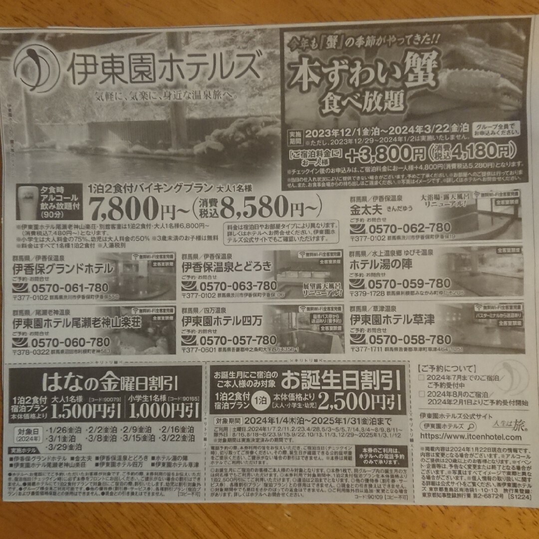 伊藤園ホテル宿泊割引券はなの金曜日割引・お誕生日割引 チケットの優待券/割引券(宿泊券)の商品写真