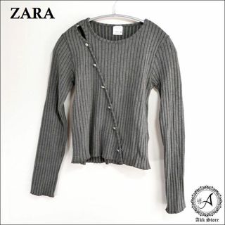 ザラ(ZARA)のZARA ザラ トップス 長袖 カットソー リブニット ビジュー ボタン(カットソー(長袖/七分))