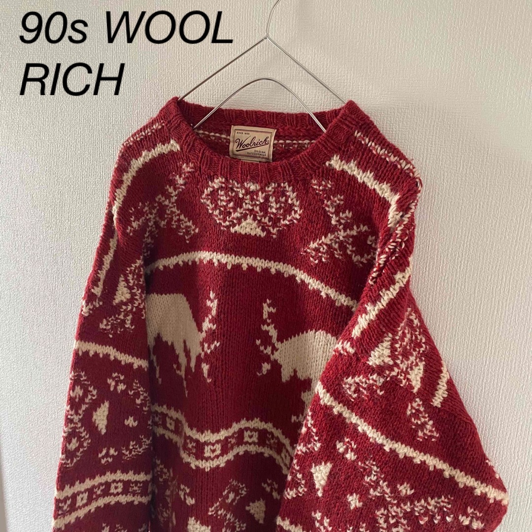 WOOLRICH(ウールリッチ)の90sWOOLRICHウールリッチニットセーターメンズ長袖ノルディック柄レッドL メンズのトップス(ニット/セーター)の商品写真