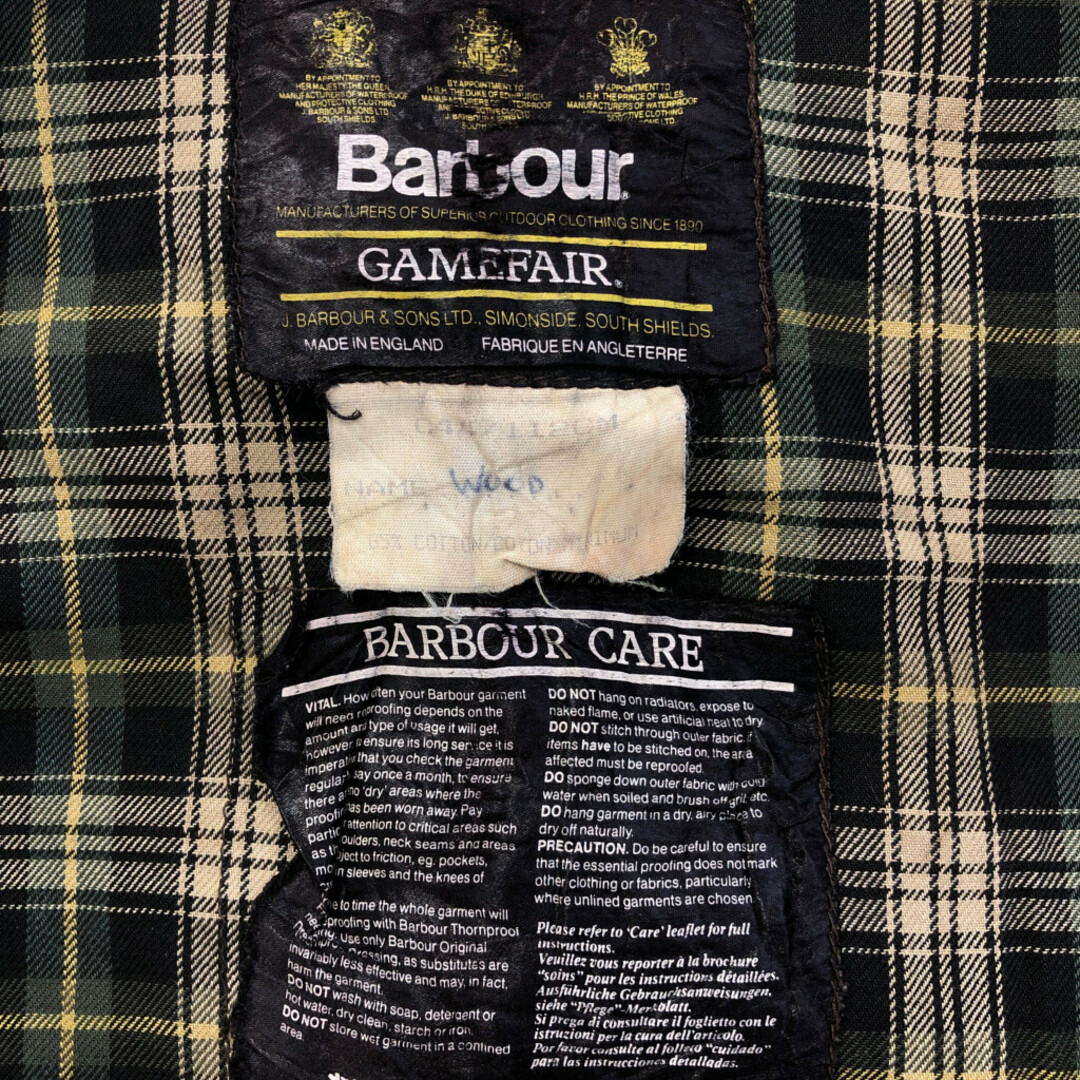 Barbour(バーブァー)の90年代 イングランド製 Barbour バブアー GAMEFAIR ゲームフェア オイルドジャケット 防寒 カーキ (メンズ C44/112CM) 中古 古着 P6392 メンズのジャケット/アウター(その他)の商品写真
