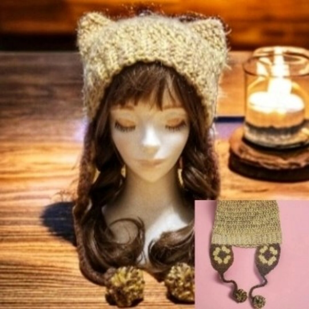 手編み猫耳ニット帽 ネコ耳ニット帽 y2k グラニースクエア耳当て付き ハンドメイドのファッション小物(帽子)の商品写真