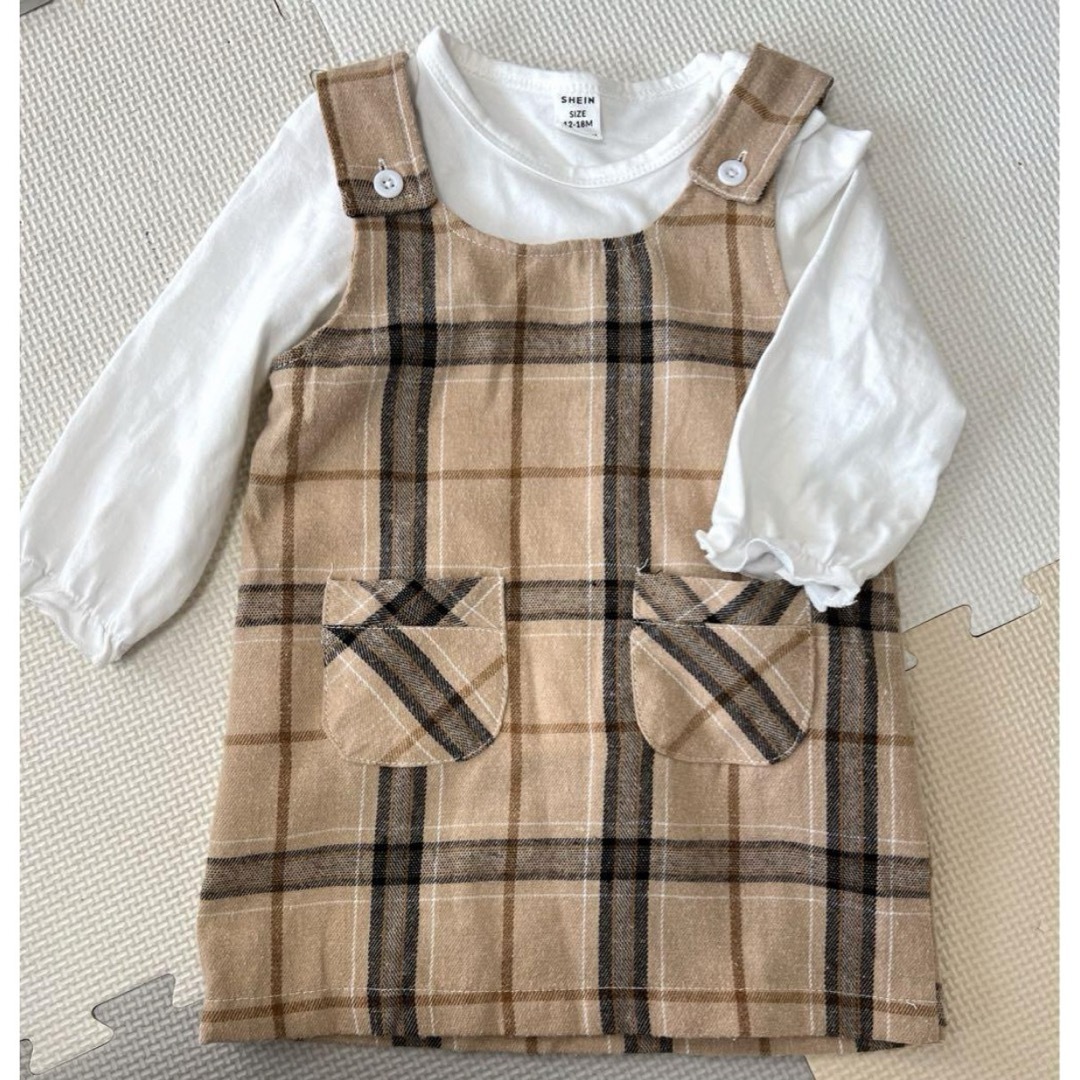 SHEIN(シーイン)のSHEIN シーイン　女の子　ワンピース　セット　チェック　ベージュ　80 キッズ/ベビー/マタニティのベビー服(~85cm)(ワンピース)の商品写真