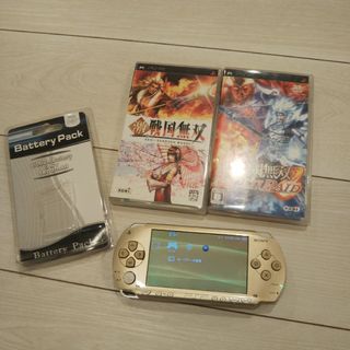 プレイステーションポータブル(PlayStation Portable)の美品⭐️psp本体⭐️ゴールド。新品バッテリー、ゲーム２つ付き♪動作OK♪除菌済(携帯用ゲーム機本体)