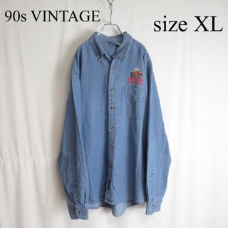 ヴィンテージ(VINTAGE)の90s 刺繍 デザイン オーバーサイズ デニム シャツ ヴィンテージ トップス(シャツ)