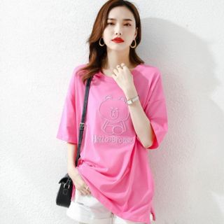 【ピンク★2ＸＬサイズ】熊刺繍半袖Tシャツゆったり韓国大人気(Tシャツ(半袖/袖なし))