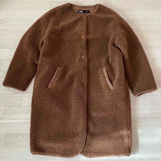 ザラ(ZARA)の【美品】ザラ ZARA ノーカラー ボアコートジャケット M ブラウン 冬 春(ロングコート)