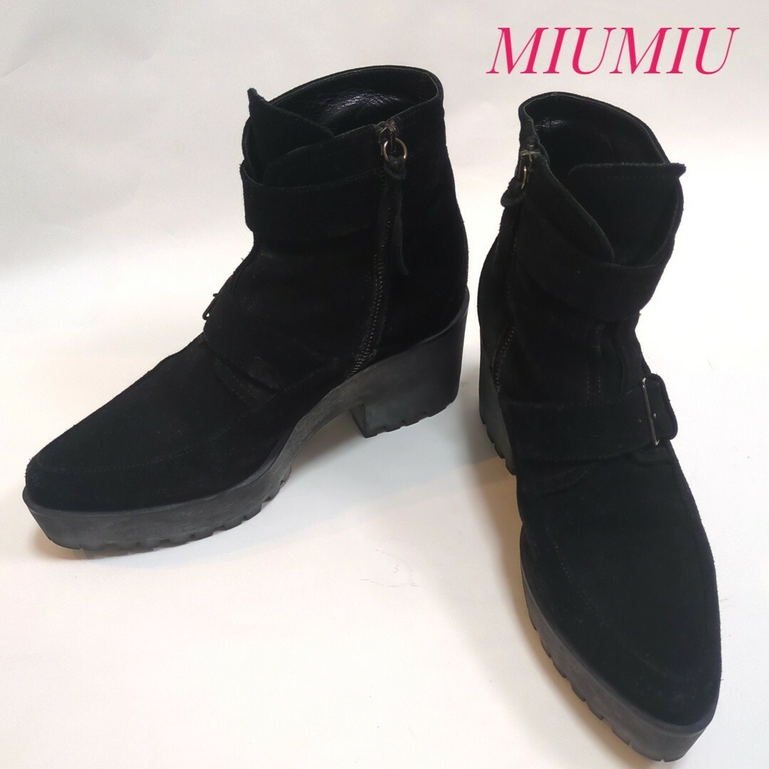 miumiu(ミュウミュウ)のMIUMIU　厚底　スウェード　ショートブーツ　ブラック　ダブルモンク　35 レディースの靴/シューズ(ブーツ)の商品写真
