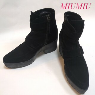ミュウミュウ(miumiu)のMIUMIU　厚底　スウェード　ショートブーツ　ブラック　ダブルモンク　35(ブーツ)