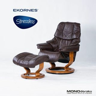 エコーネス リクライニングチェア＆オットマン Ekornes Stressless ストレスレスチェア Reno Sサイズ ブラウン ハイバック 本革 レザー 北欧デザイン ノルウェー(一人掛けソファ)