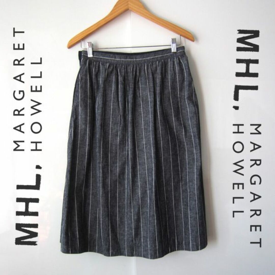 MARGARET HOWELL(マーガレットハウエル)の美品　MHL／マーガレットハウエル★　リネンコットン　ストライプ　膝丈スカート レディースのスカート(ひざ丈スカート)の商品写真