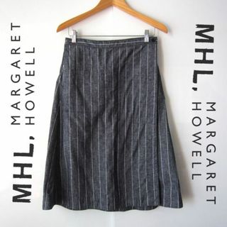 マーガレットハウエル(MARGARET HOWELL)の美品　MHL／マーガレットハウエル★　リネンコットン　ストライプ　膝丈スカート(ひざ丈スカート)