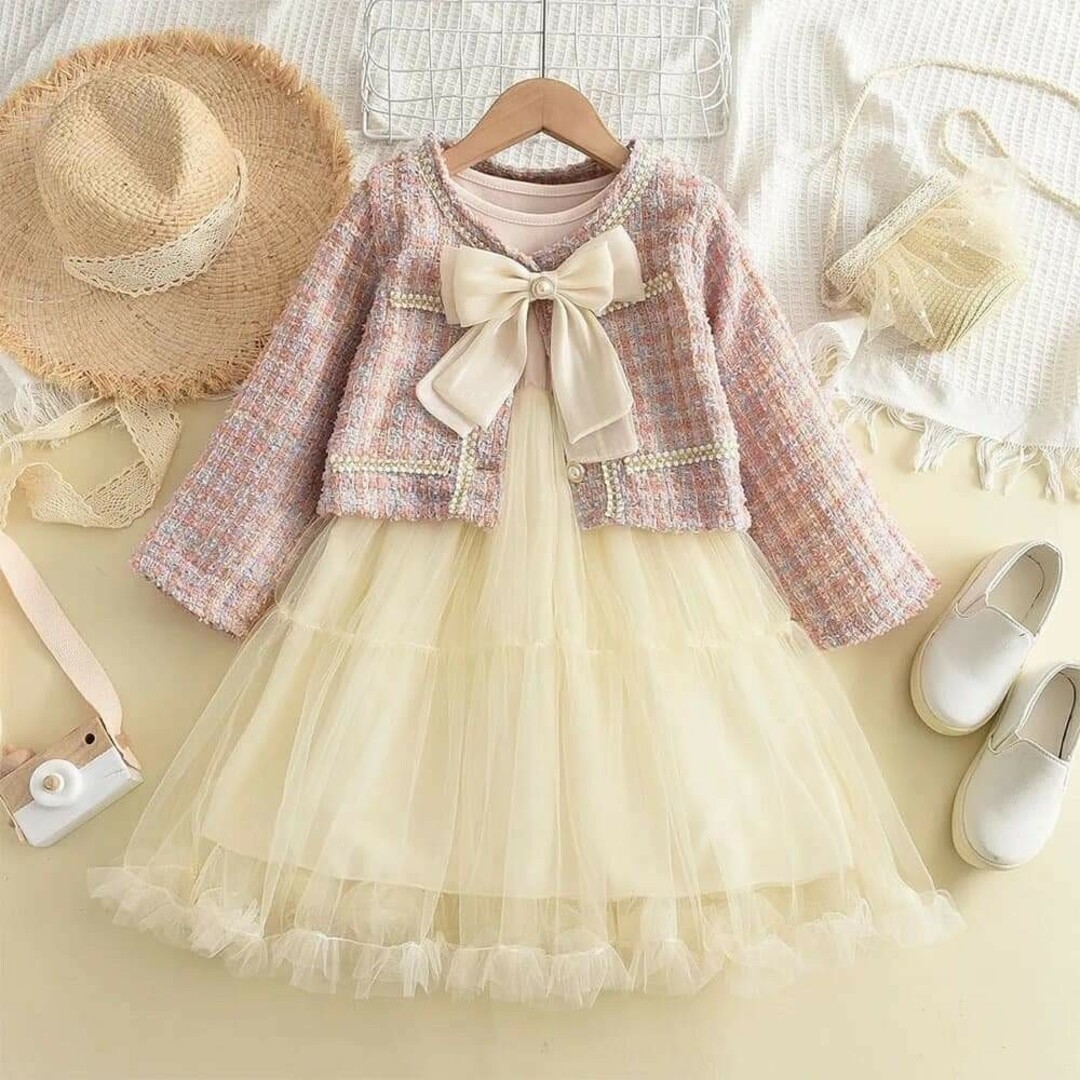 フォーマル 入園式 リボン ピンク 110 ツイード風 ワンピース b キッズ/ベビー/マタニティのキッズ服女の子用(90cm~)(ドレス/フォーマル)の商品写真