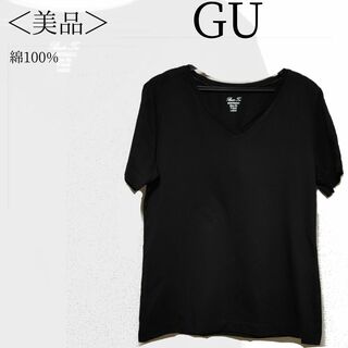 ジーユー(GU)のGU カットソー Lサイズ 黒 半袖 無地 ブラック Vネック✓1594(Tシャツ(長袖/七分))