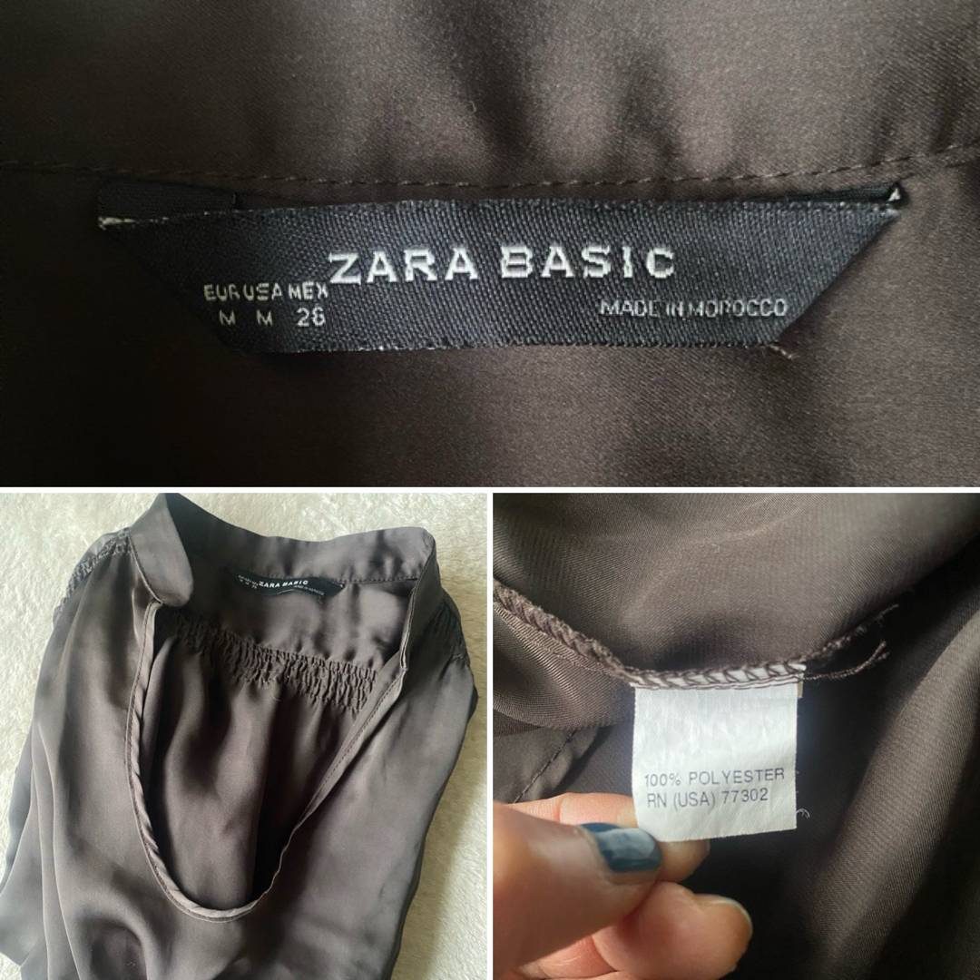 ZARA(ザラ)のZARAカットソーM◉薄手光沢ブラウンVネック◉バルーン7部袖 レディースのトップス(カットソー(長袖/七分))の商品写真