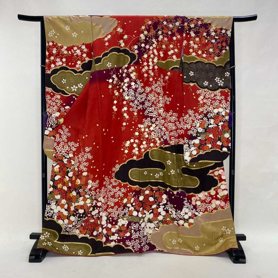 振袖 正絹 花柄 赤色 古典 裄66㎝ 成人式 中古 D-76 レディースの水着/浴衣(振袖)の商品写真