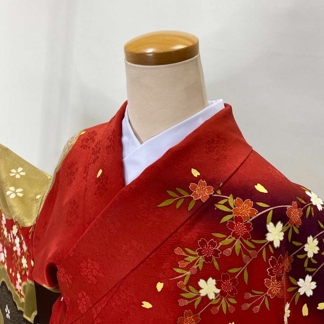 振袖 正絹 花柄 赤色 古典 裄66㎝ 成人式 中古 D-76 レディースの水着/浴衣(振袖)の商品写真