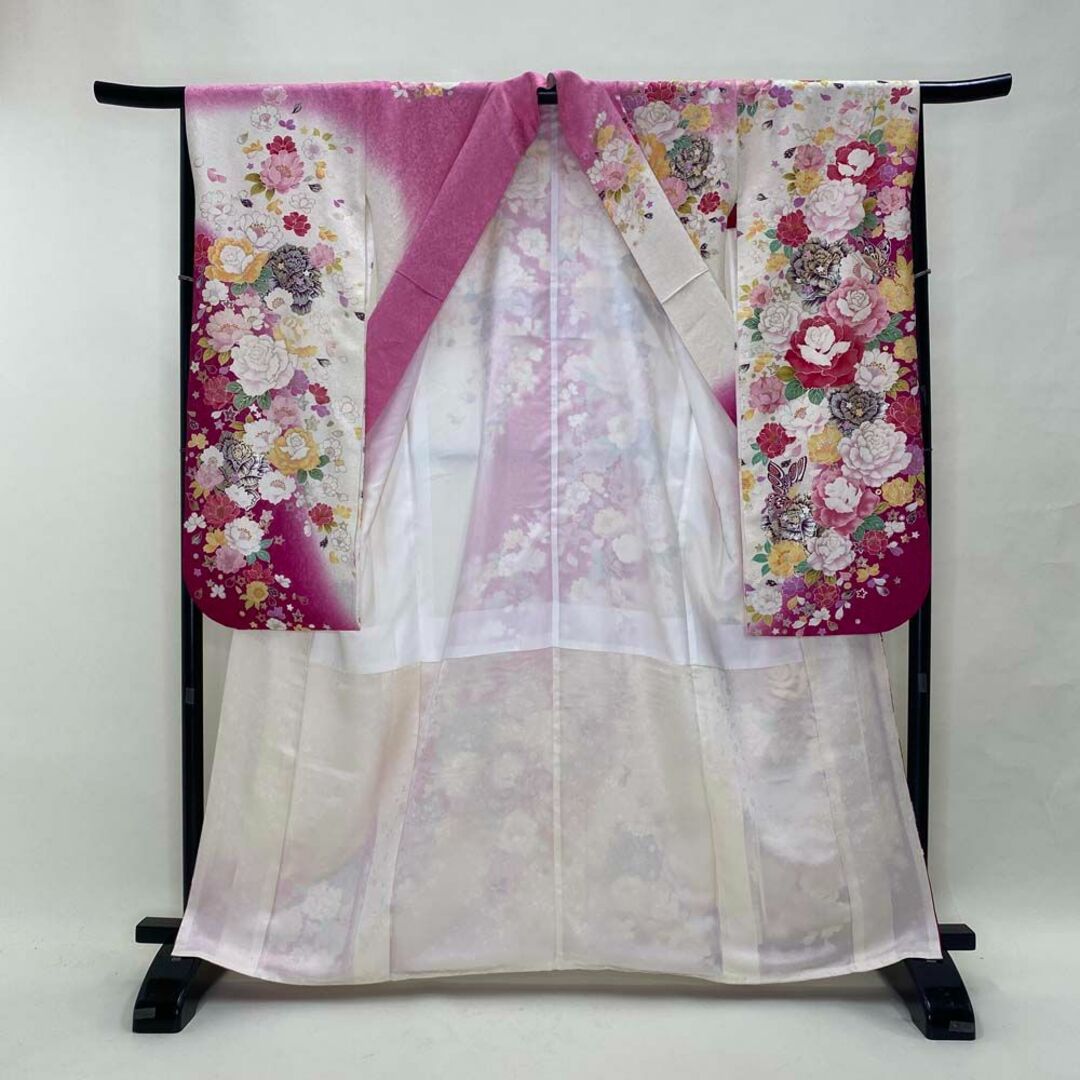 振袖 白 ピンク 正絹 花柄 古典 単品 裄65.5㎝ 成人式 D-81 振袖 白 ピンク 正絹 花柄 古典 単品 裄65.5㎝ 成人式 D-81