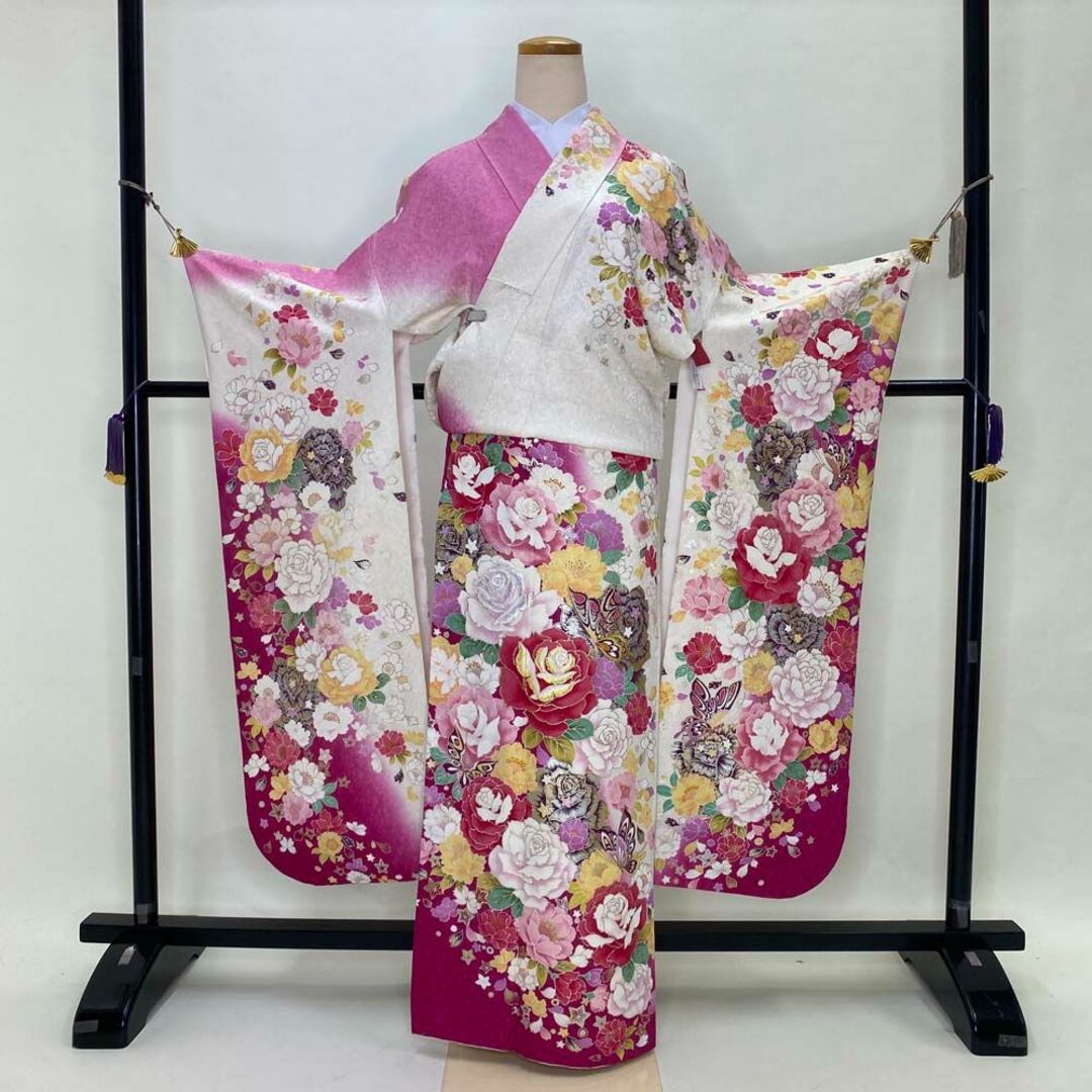 振袖 白 ピンク 正絹 花柄 古典 単品 裄65.5㎝ 成人式 D-81 振袖 白 ピンク 正絹 花柄 古典 単品 裄65.5㎝ 成人式 D-81