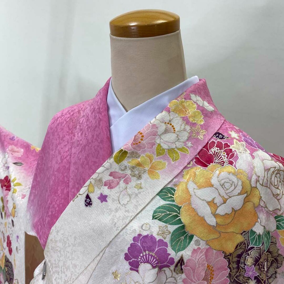 振袖 白 ピンク 正絹 花柄 古典 単品 裄65.5㎝ 成人式 D-81 振袖 白 ピンク 正絹 花柄 古典 単品 裄65.5㎝ 成人式 D-81