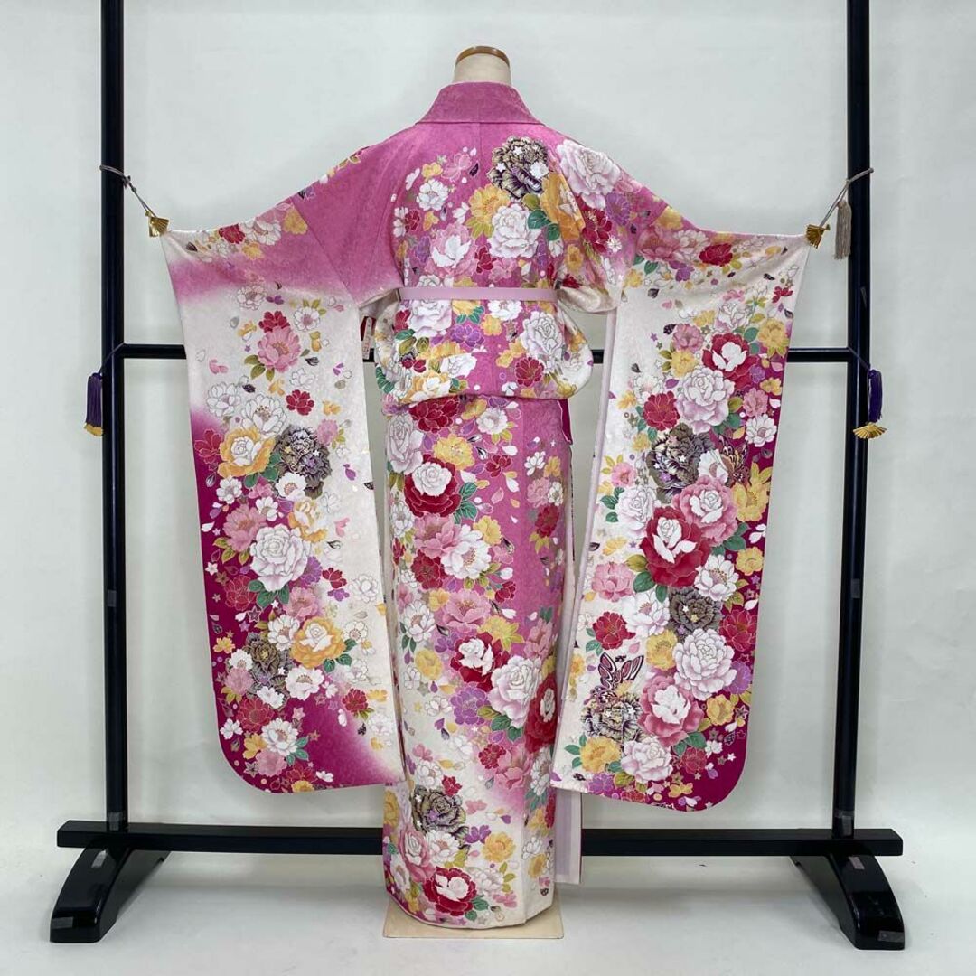 振袖 白 ピンク 正絹 花柄 古典 単品 裄65.5㎝ 成人式 D-81 振袖 白 ピンク 正絹 花柄 古典 単品 裄65.5㎝ 成人式 D-81