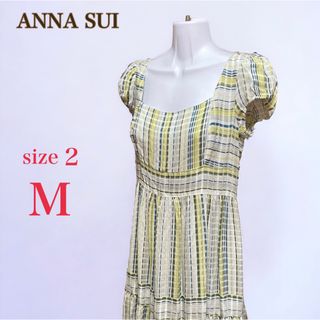 アナスイ(ANNA SUI)のアナスイ　フリル ギャザー 半袖 ワンピース　ひざ丈　2　M　黄緑系　総柄(ひざ丈ワンピース)