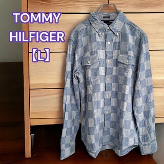 トミーヒルフィガー(TOMMY HILFIGER)のトミーヒルフィガー 長袖 ダブルシャツ 厚手 チェック柄 ブルー 刺繍 L(シャツ)