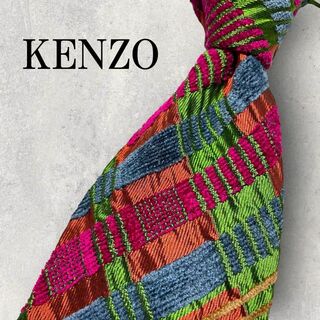 ケンゾー(KENZO)の美品 KENZO ケンゾー ベロア チェック柄 ネクタイ マルチカラー カラフル(ネクタイ)