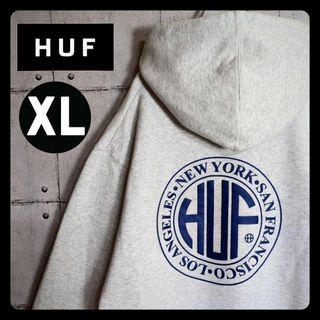 古着屋LIEN_取扱商品レアデザイン★HUF　プルオーバーパーカー　ストライプ　センターロゴ刺繍　XL