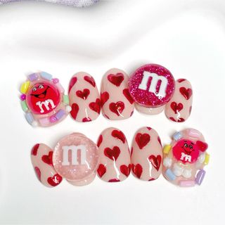 m&m's バレンタインネイル ハートネイル ミラーハート 3Dパーツ