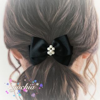 (a58)Handmade センタービーズリボン* ブラック(ヘアアクセサリー)