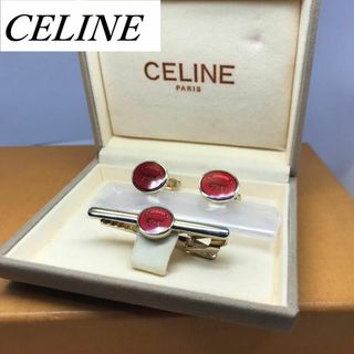 セリーヌ(celine)の美品★ セリーヌ★ タイピンセット  レッド 馬車柄 シルバー ケース付き(ネクタイピン)