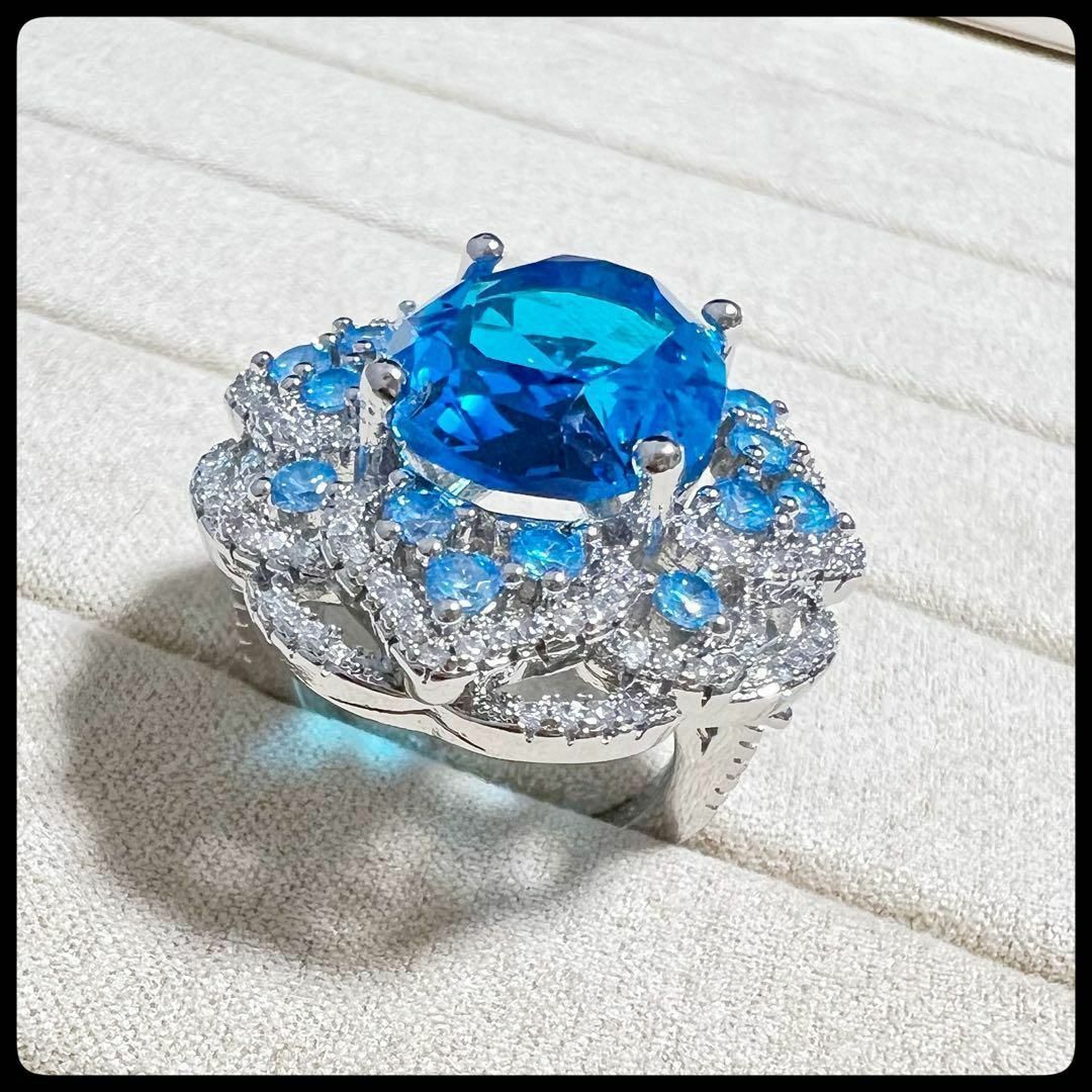 スーパーフラッシュ 人工アクアマリン 高炭素ダイヤモンド キラキラ リング 指輪 レディースのアクセサリー(リング(指輪))の商品写真