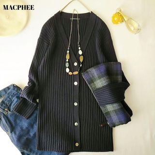 MACPHEE マカフィー トゥモローランド ワンピース ネイビー系 紺 36(9号) ミディ丈 ひざ下 長袖 Vネック ギャザースリーブ 花柄 フラワープリント おしゃれ シンプル きれいめ 大人女子 ブランド 上品 フェミニン エレガント 【レディース】